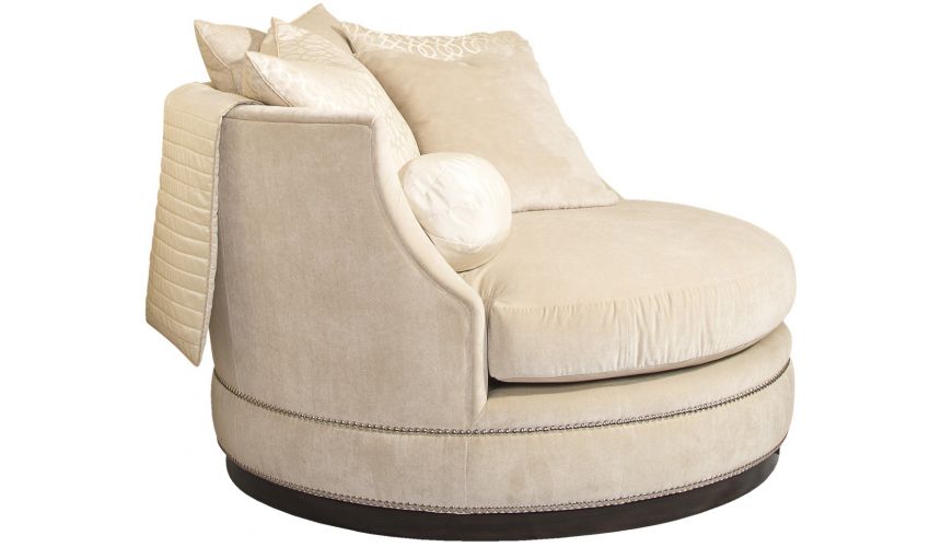 SETTEES, CHAISE, BENCHES Ivory rounded barrel style chair with nailhead trim