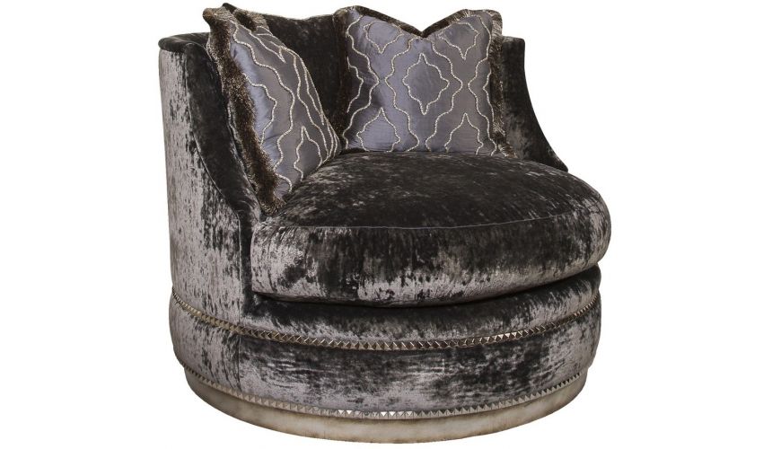 SETTEES, CHAISE, BENCHES Ivory rounded barrel style chair with nailhead trim