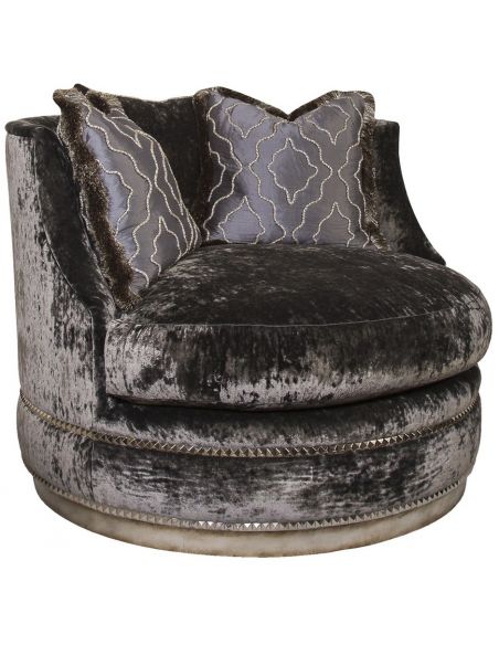 SETTEES, CHAISE, BENCHES Ivory rounded barrel style chair with nailhead trim