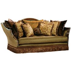 SOFA, COUCH & LOVESEAT Sofa covered in warm earth toned fabrics with hand carved wooden accents