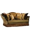 SOFA, COUCH & LOVESEAT Sofa covered in warm earth toned fabrics with hand carved wooden accents
