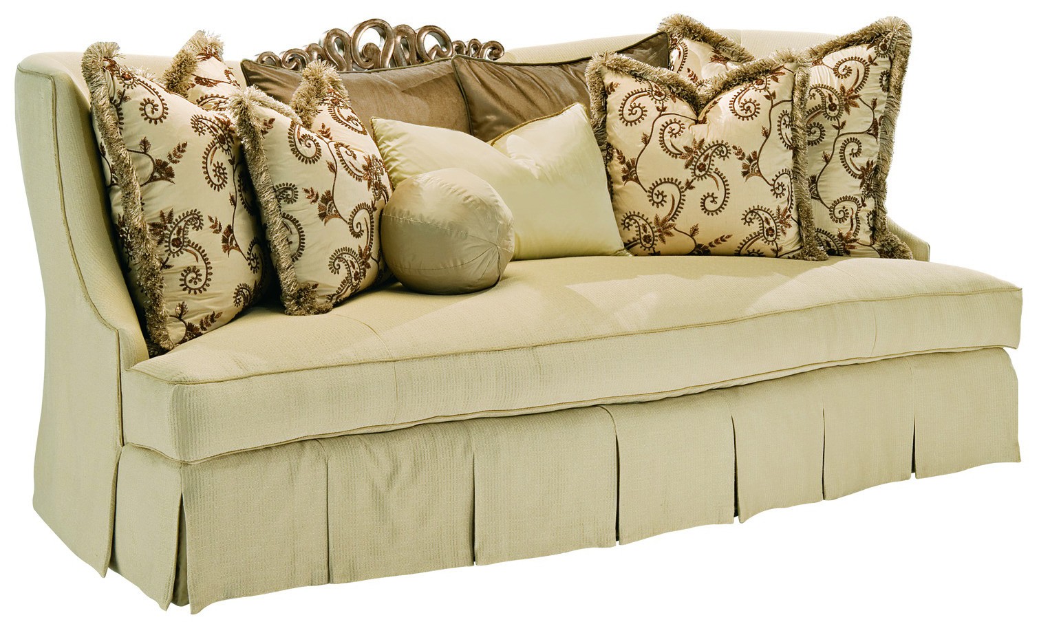 SOFA, COUCH & LOVESEAT Sofa in a lux cream fabric with hand carved wooden details