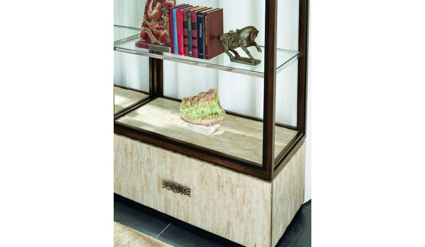 Breakfronts & China Cabinets Display case with glass shelves and inlay detail on the drawer
