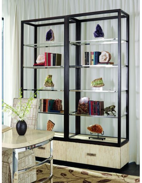 Breakfronts & China Cabinets Display case with glass shelves and inlay detail on the drawer