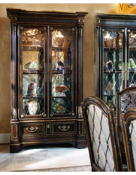 Breakfronts & China Cabinets Old world display case with glass doors adorned with metal lattice detail