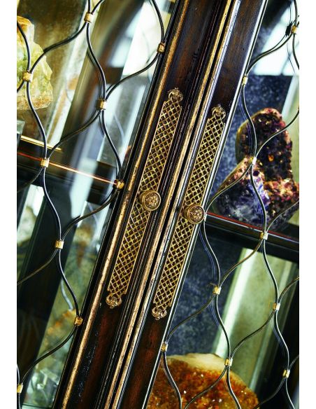 Breakfronts & China Cabinets Old world display case with glass doors adorned with metal lattice detail