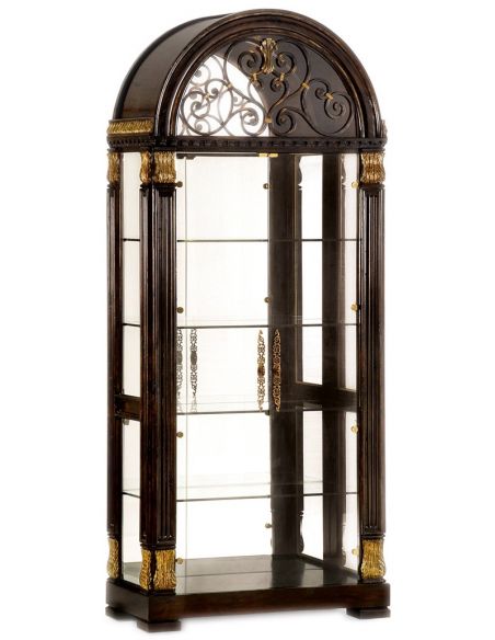 Glass china cabinet with scrolling metal work
