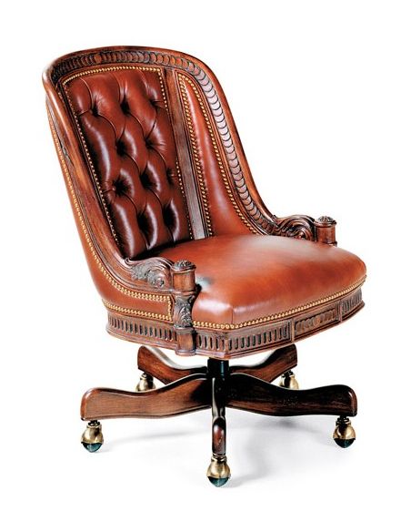 Intricately carved swivel office chair tufted