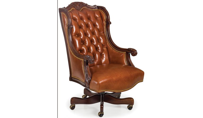 Tufted Caramel Leather Office Chair, Tufted Leather Desk Chair