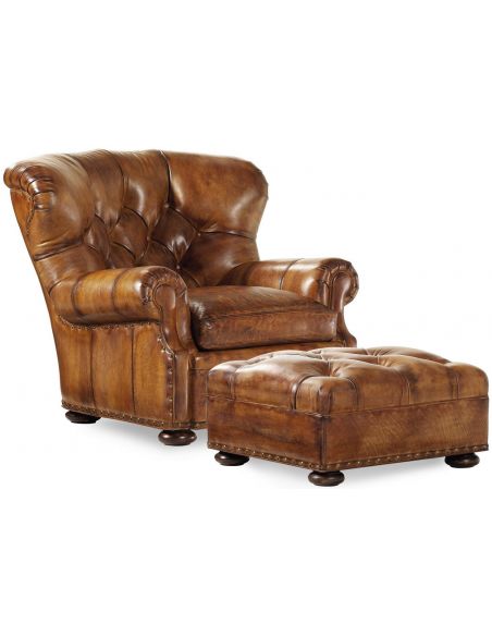 Leather tufted armchair with matching ottoman
