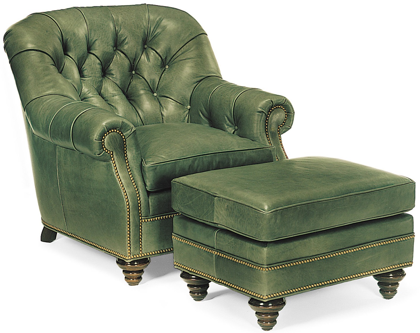 CHAIRS, Leather, Upholstered, Accent Green leather tufted armchair and ottoman