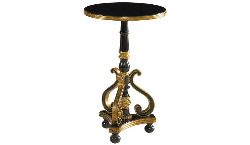 Round & Oval Side Tables Ebony Finished Round Occasional Table with Gold Gilded Accents.