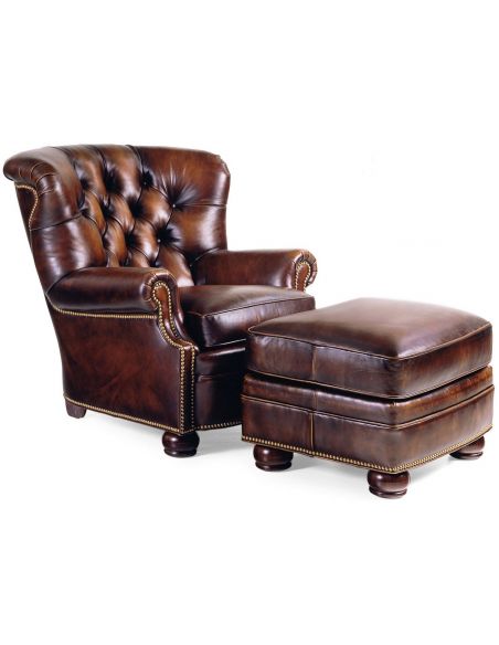 Classic tufted leather armchair and ottoman