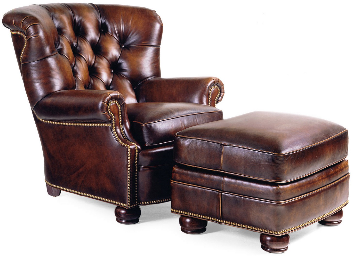 Classic Tufted Leather Armchair And Ottoman, Brown Leather Chair And Ottoman