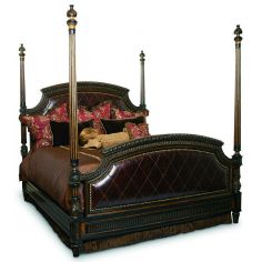 BEDS - Queen, King & California King Sizes Leather four post bed with intricate hand carved wooden details 2