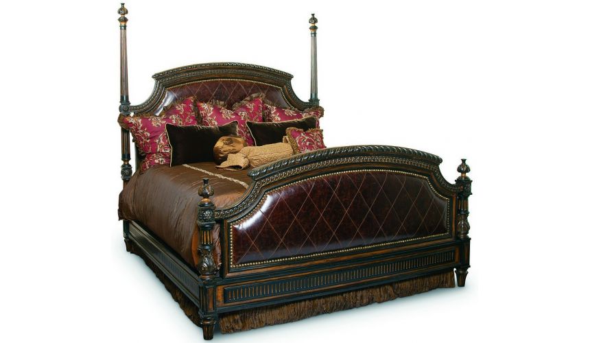 BEDS - Queen, King & California King Sizes Leather four post bed with intricate hand carved wooden details