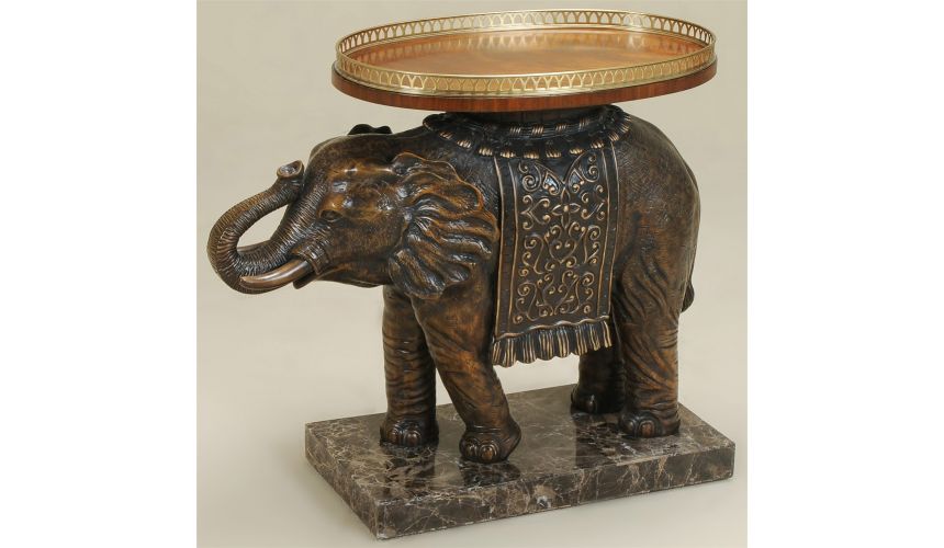 Round & Oval Side Tables Painted Antique Finished Elephant Occasional Table, Tray Top with Brass Gallery.
