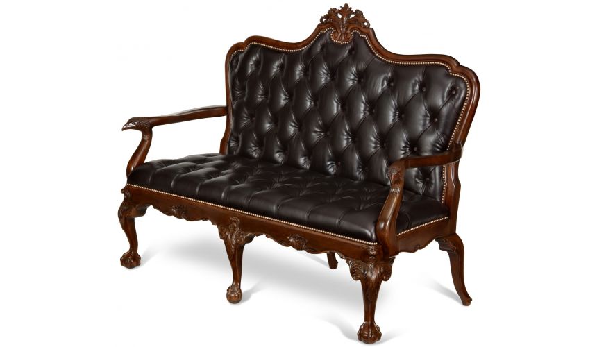 SETTEES, CHAISE, BENCHES Mahogany and Tufted Italian Leather Settee