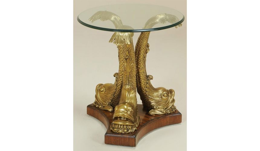 Round & Oval Side Tables Sherwood Finished Cast Brass Dolphin Occasional Table, Round Glass Top.
