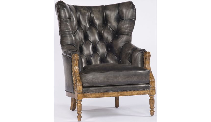 Luxury Leather & Upholstered Furniture Dark Leather Tufted Back Chair