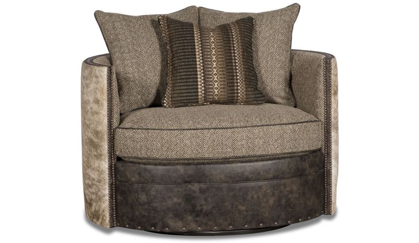 MOTION SEATING - Recliners, Swivels, Rockers Barrel style chair covered in leather, herringbone, and animal print