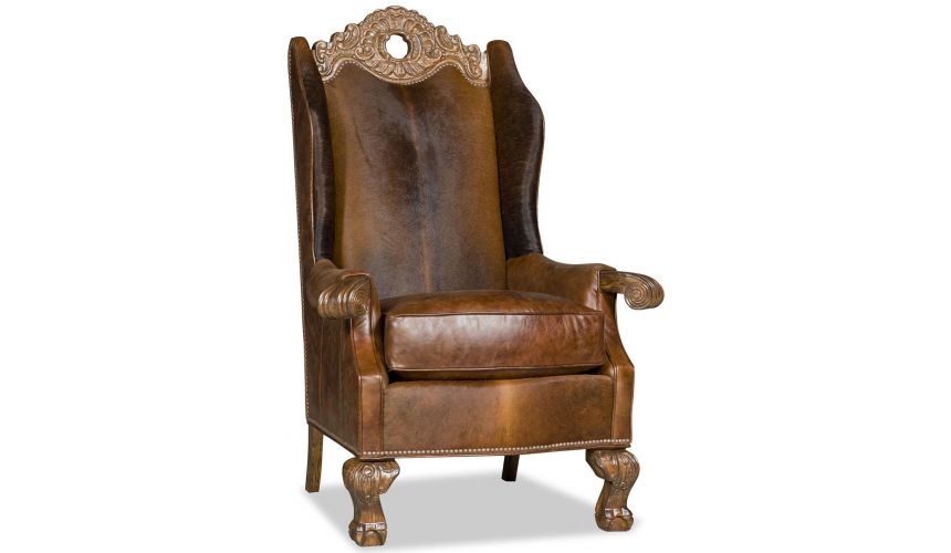 CHAIRS - Leather, Upholstered, Accent Leather armchair with unique wooden detailing