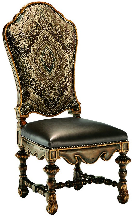 Dining Chairs Dining room chair covered in a combination of leather and printed fabrics