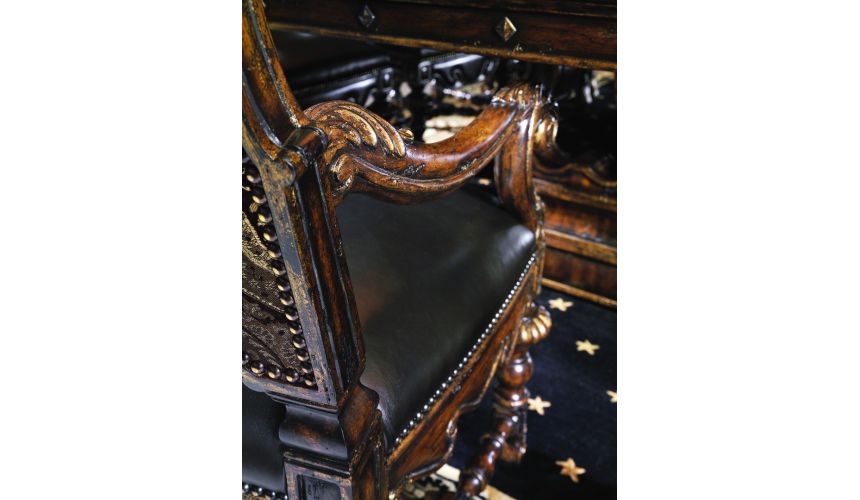 Dining Chairs Dining room chair with arms covered in a combination of leather and printed fabric