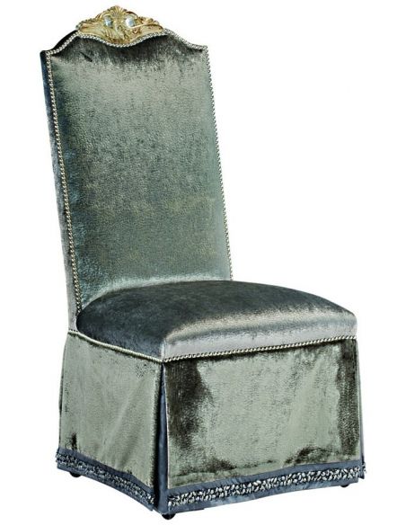 Skirted dining room chair in a platinum fabric