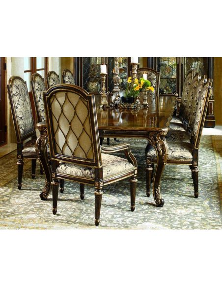 Dining Chairs Dining room chair with arms covered in printed fabric with carved wooden legs
