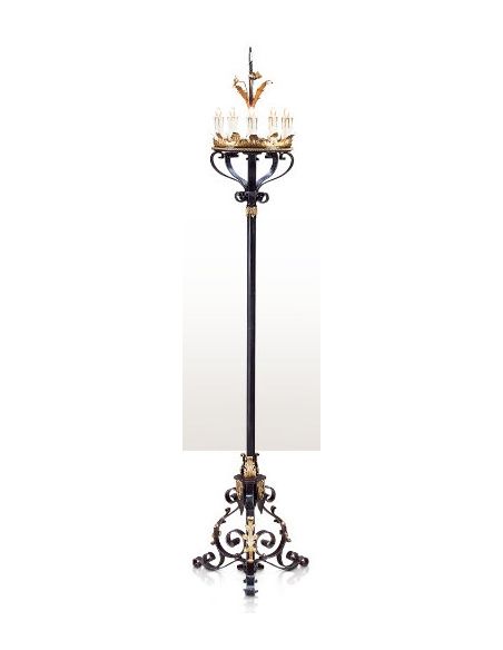 A wrought iron five light floor candelabrum
