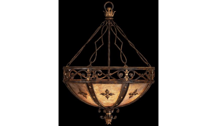 Lighting Pendant of antiqued iron with gold leaf. Features hand cut mica panels with decorative iron leaves.