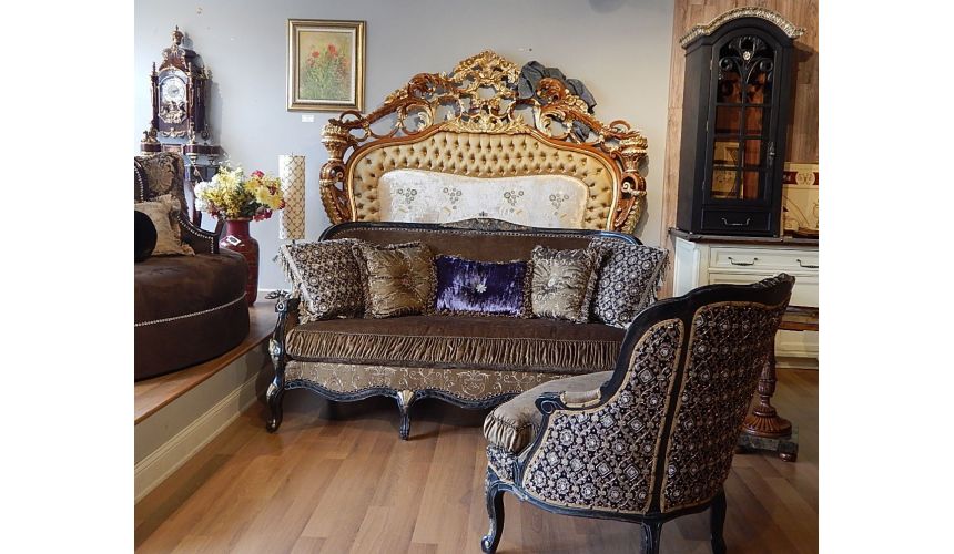 Luxury Leather & Upholstered Furniture 22 Victorian style sofa with a black and gold color theme.