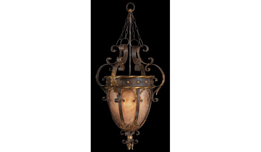 Lighting Pendant in antiqued iron and warm gold leaf finish. Features mica panels