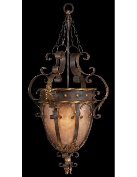 Pendant in antiqued iron and warm gold leaf finish. Features mica panels