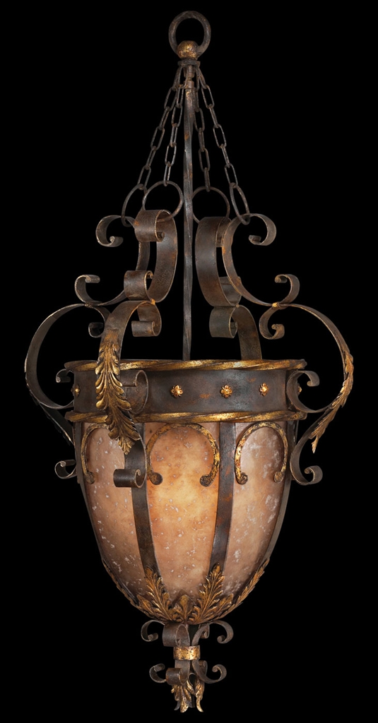 Lighting Pendant in antiqued iron and warm gold leaf finish. Features mica panels