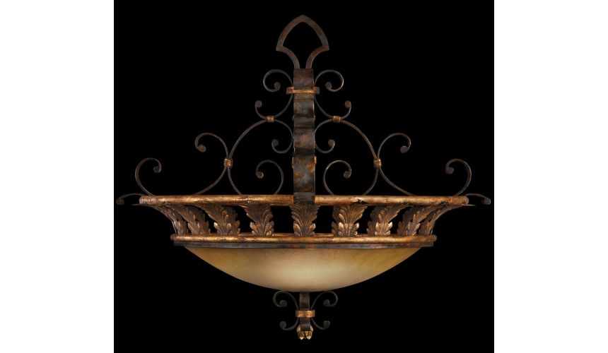 Lighting Pendant of antiqued iron with gold leaf. Features gold dusted glass coupe