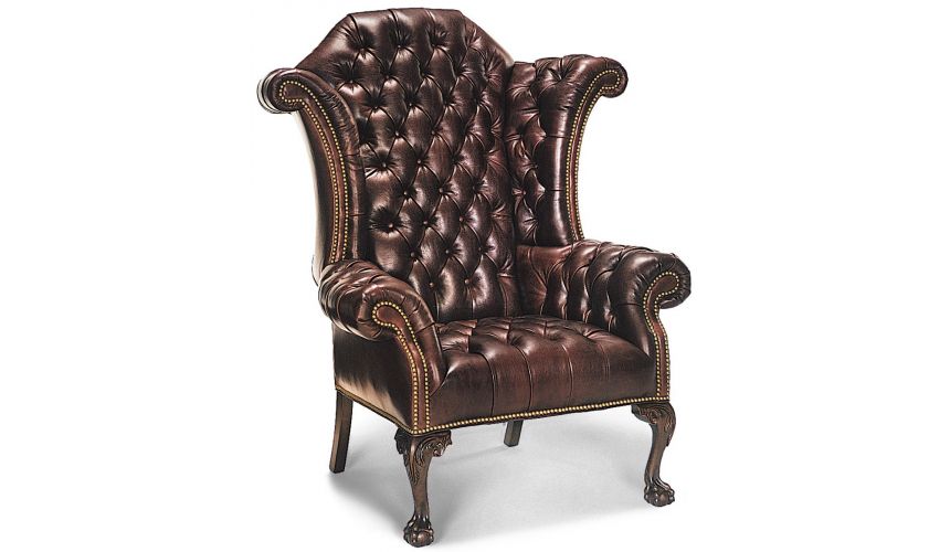 CHAIRS, Leather, Upholstered, Accent Tufted wing backed dark leather chair