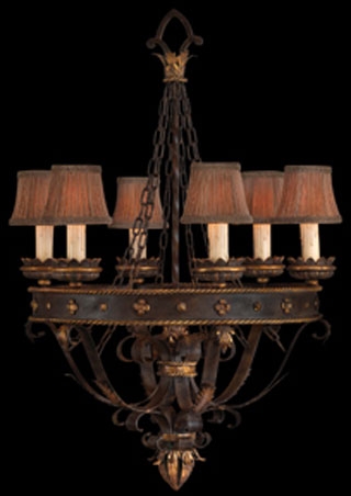 Lighting Iron and gold leafed chandelier. Features decorative pleated shades with braided trim