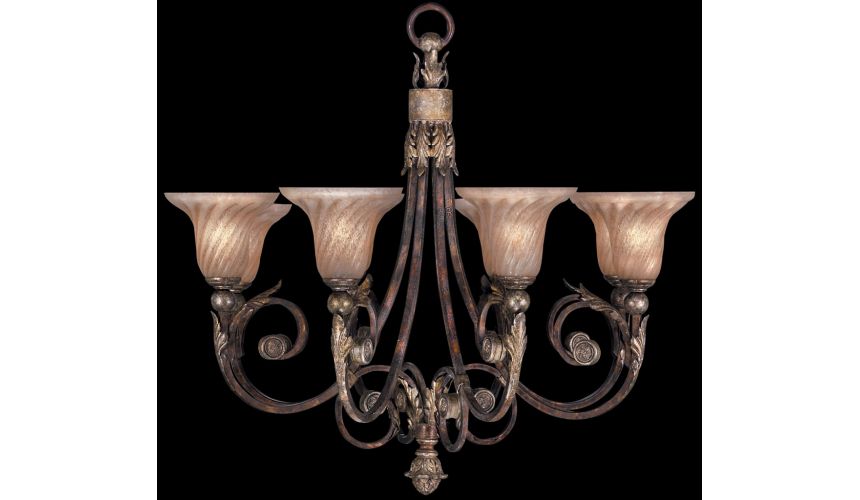 Lighting Chandelier in tortoised leather crackle finish with stained silver leaf accents