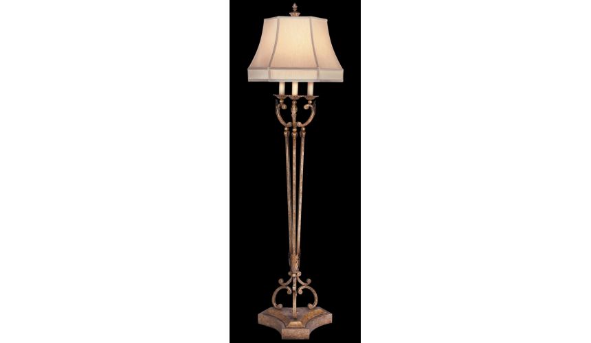 Lighting Floor lamp in cool moonlit patina. Hand-sewn, silk shantung shade