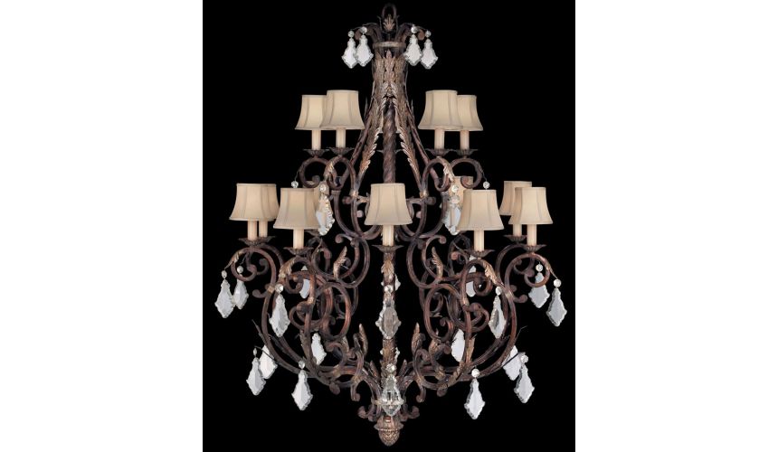 Lighting Chandelier in tortoised leather crackle finish with stained silver leaf accents