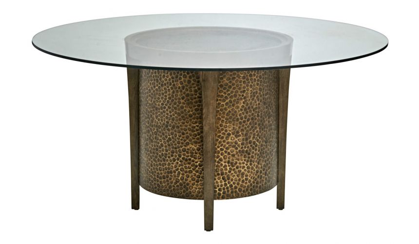 Dining Tables Glass top round dining table in quarter sawn oak and metallic accents