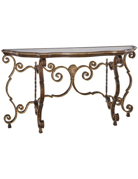 Traditional console table,. Antiqued gold leaf trim and detailed metalwork