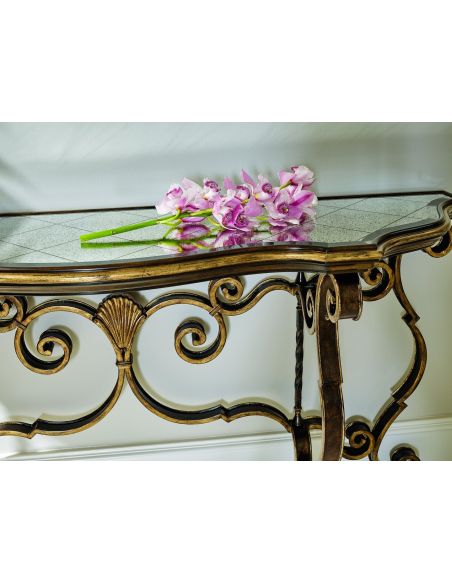 Console & Sofa Tables Traditional console table,. Antiqued gold leaf trim and detailed metalwork