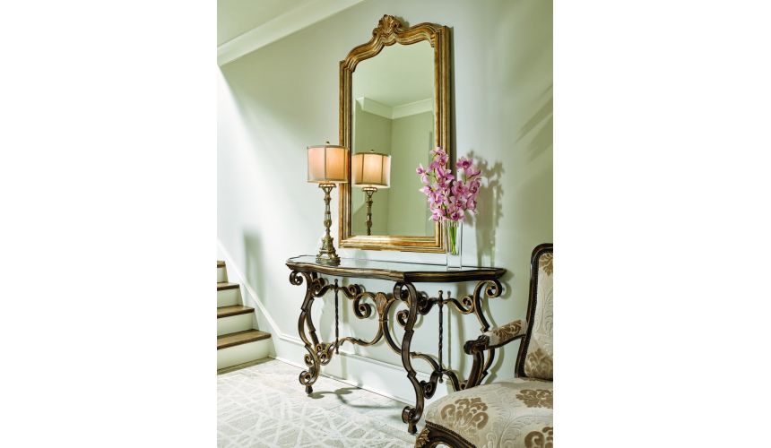 Console & Sofa Tables Traditional console table,. Antiqued gold leaf trim and detailed metalwork