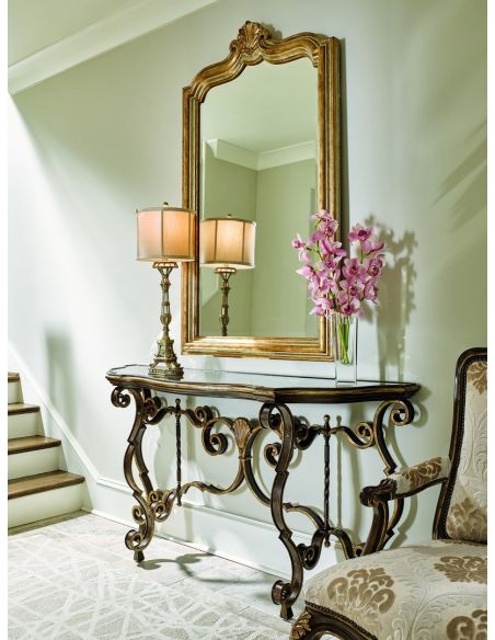 Console & Sofa Tables Traditional console table,. Antiqued gold leaf trim and detailed metalwork