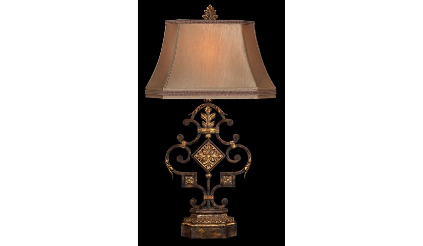 Lighting Elegant iron table lamp in antiqued iron and warm gold leaf finish