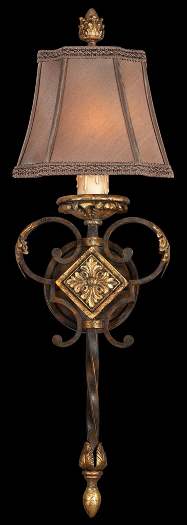 Lighting Wall sconce in antiqued finish. Features hand sewn silk shade with braided trim.