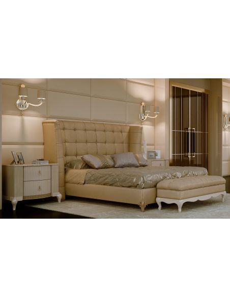 Luxurious bed with Tall and tufted headboard